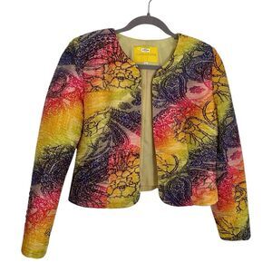 Flores & Flores Cropped Colorful Silk Jacket Size 6 Yellow